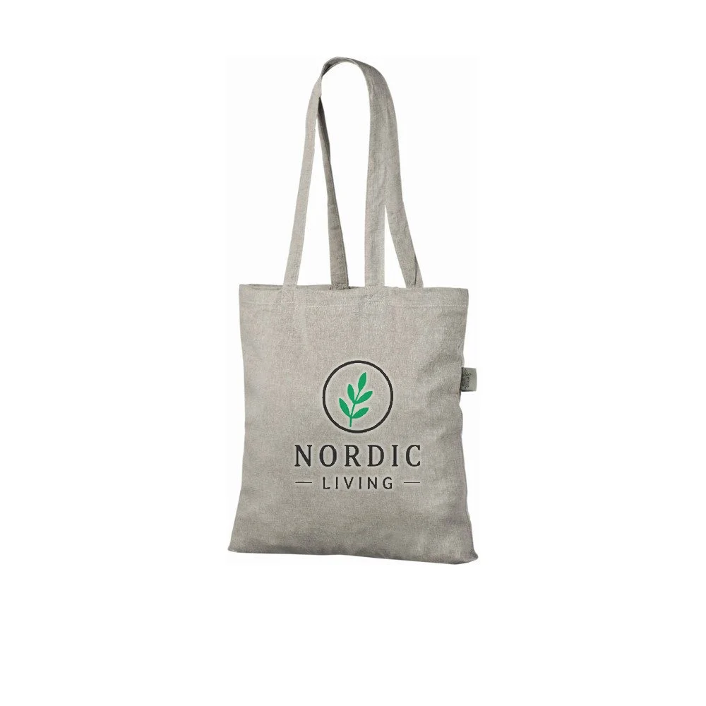 Återvunnen tygkasse, 140 g/m², med exempel på logotyptryck – ljusgrå