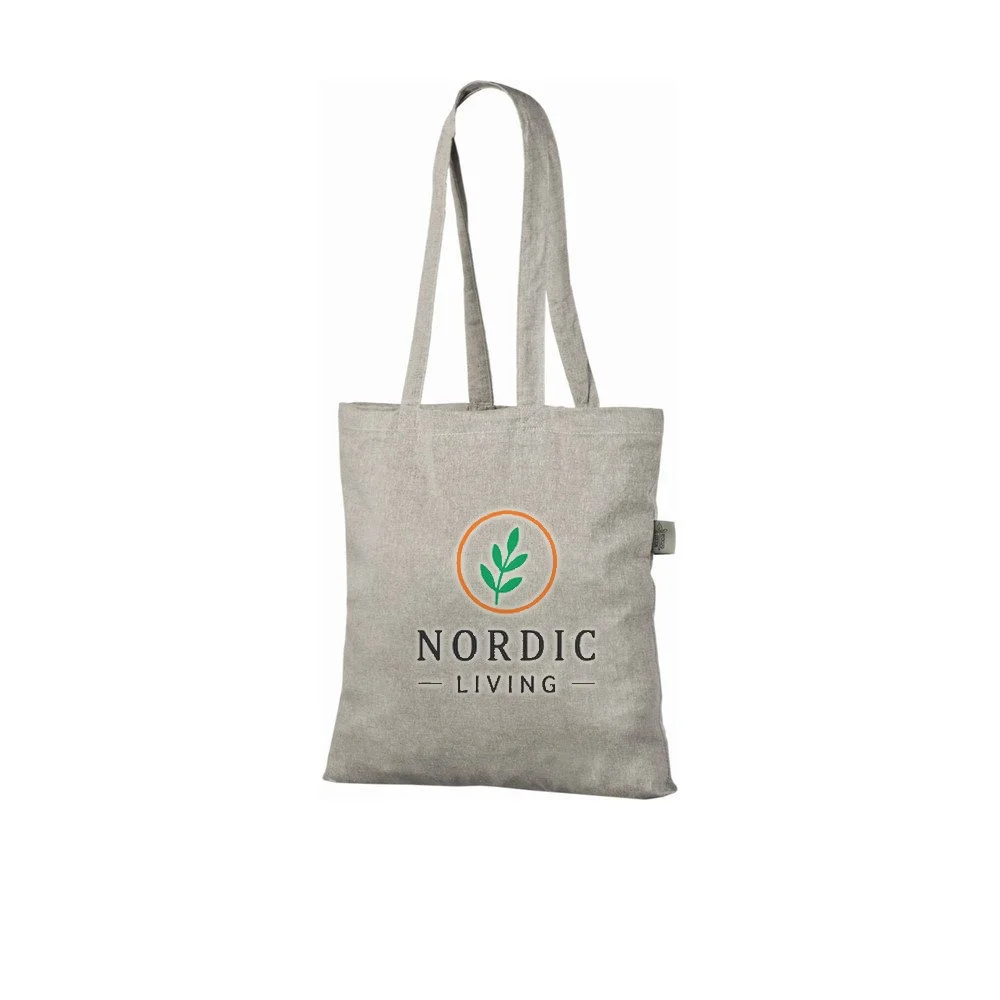 Återvunnen tygkasse, 140 g/m², med exempel på logotyptryck – ljusgrå