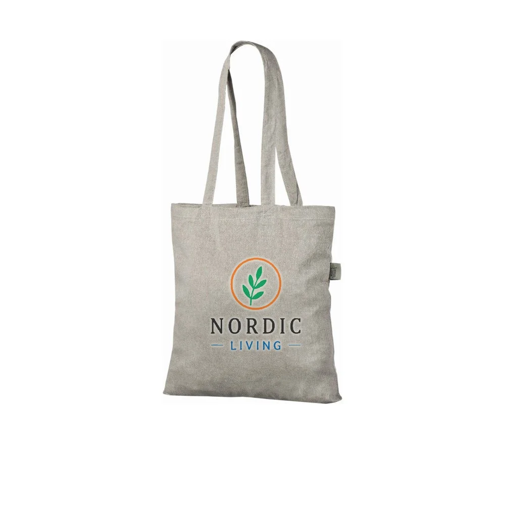 Återvunnen tygkasse, 140 g/m², med exempel på logotyptryck – ljusgrå
