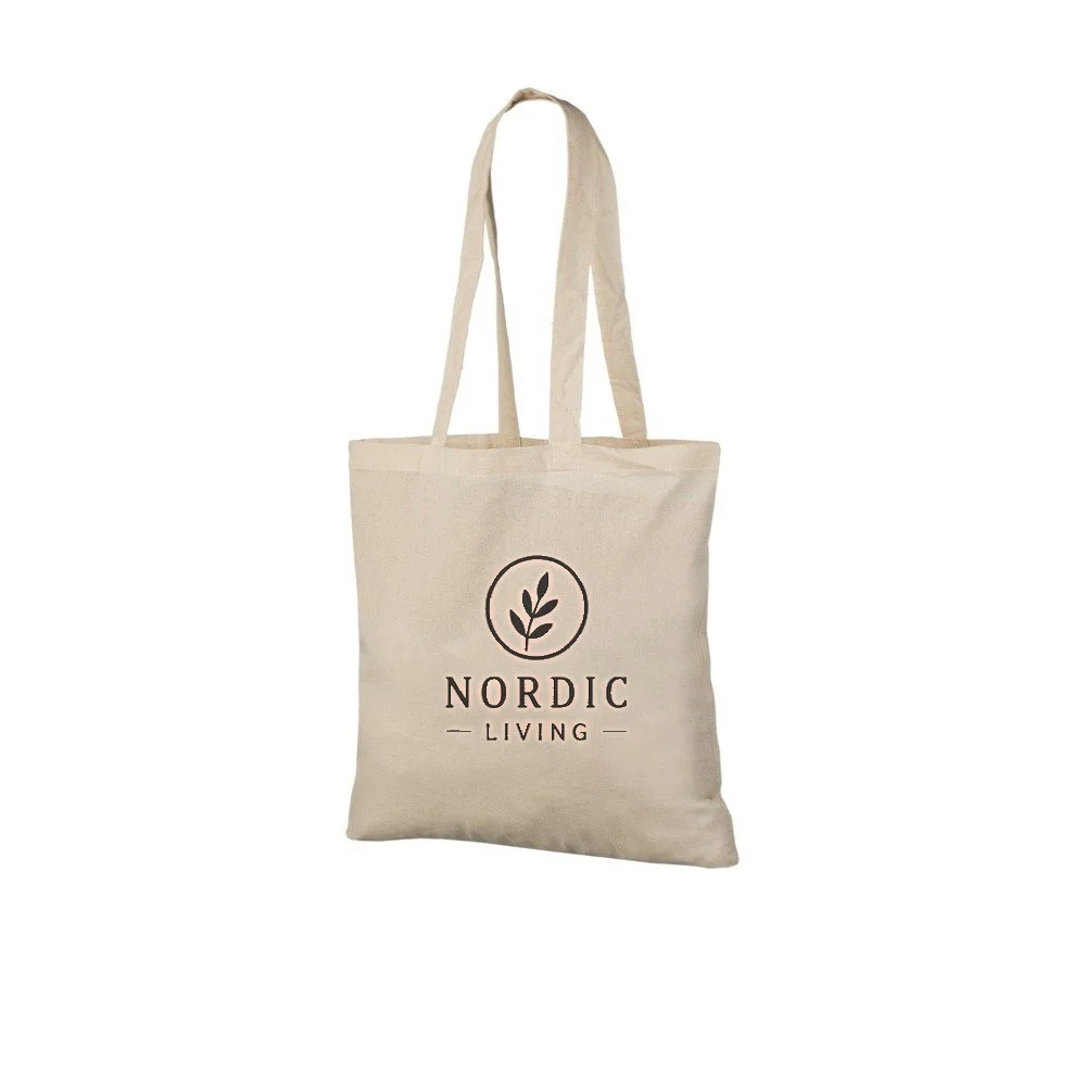 Återvunnen tygkasse, 140 g/m², med exempel på logotyptryck – natur