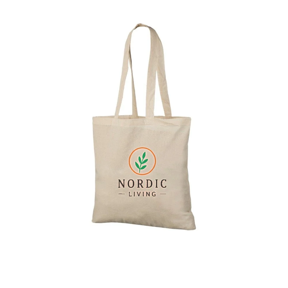 Återvunnen tygkasse, 140 g/m², med exempel på logotyptryck – natur