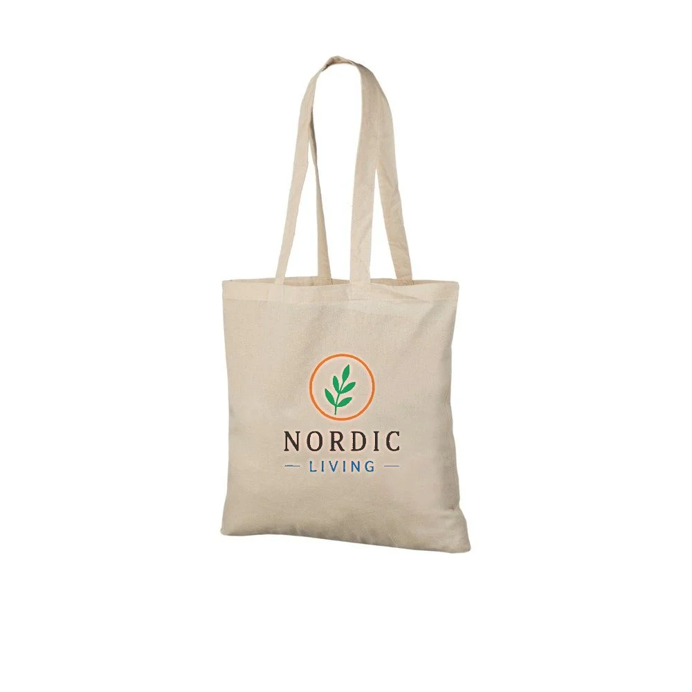 Återvunnen tygkasse, 140 g/m², med exempel på logotyptryck – natur