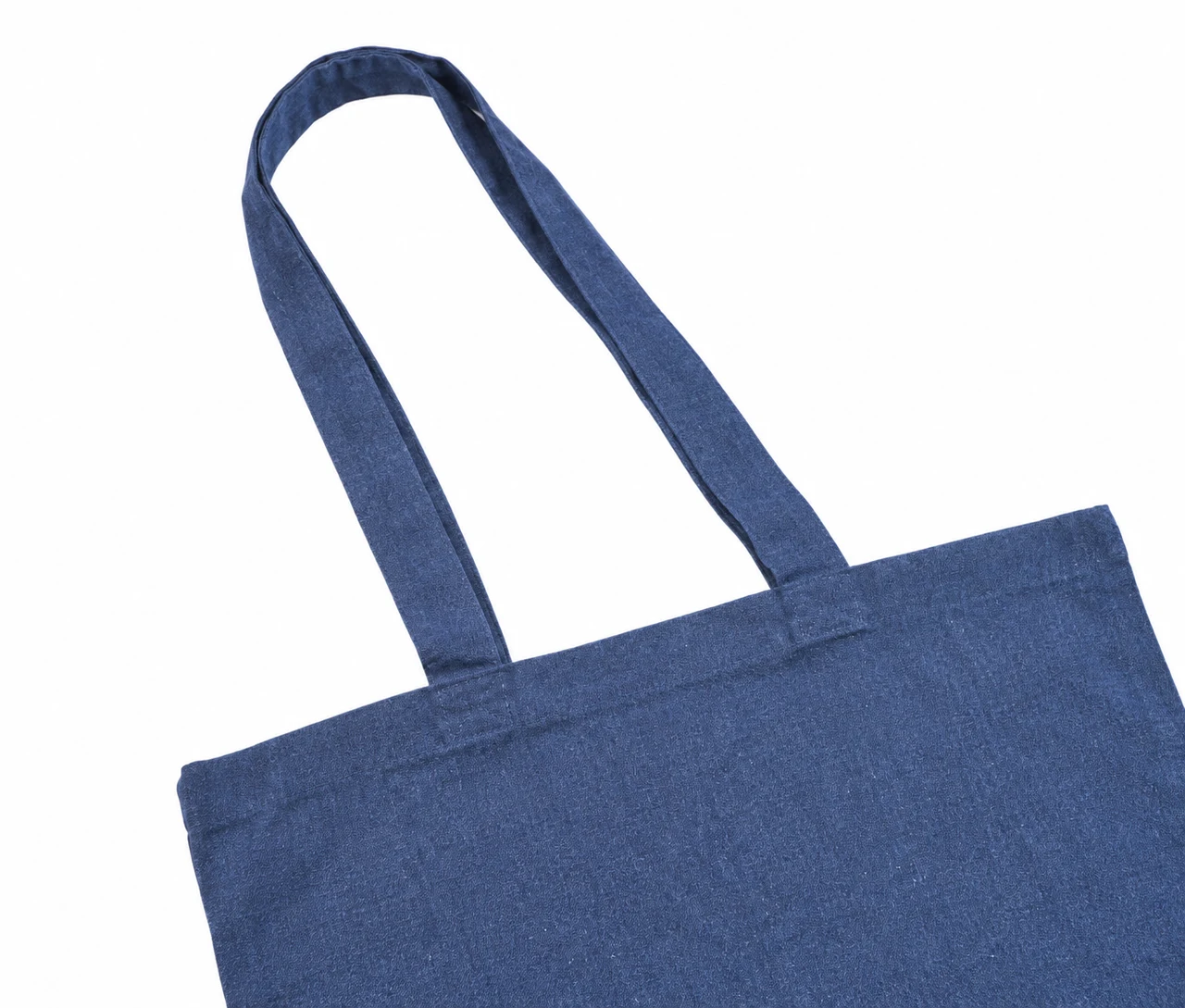 Återvunnen tygkasse, 150 g/m², närbild av handtagen och sömmarna – jeansblå