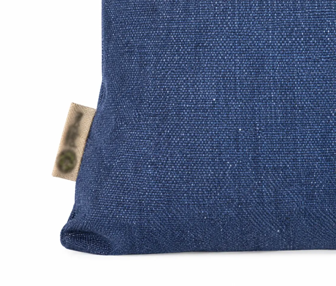 Återvunnen tygkasse, 150 g/m², närbild av insydd etikett – jeansblå