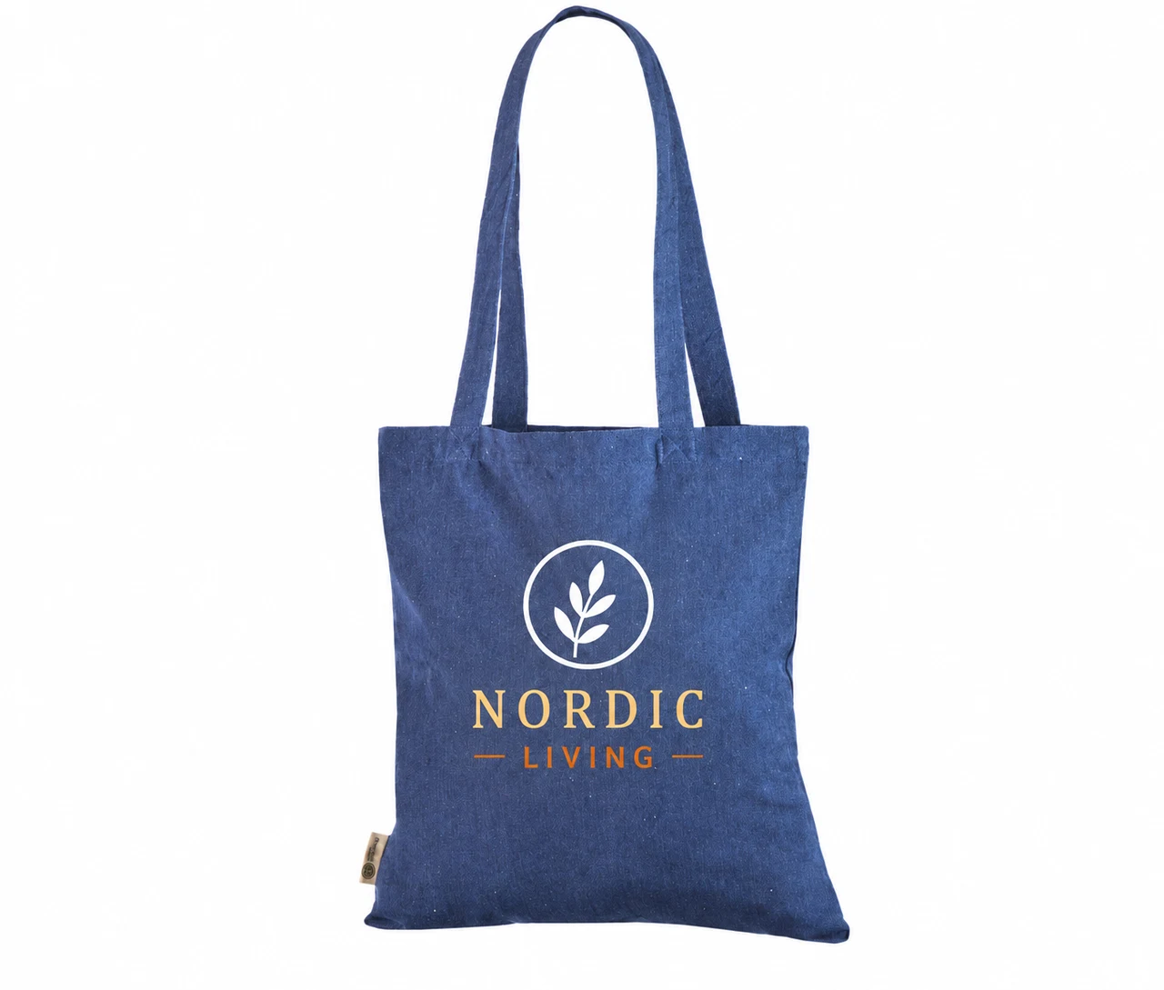Återvunnen tygkasse, 150 g/m², med exempel på logotyptryck – jeansblå