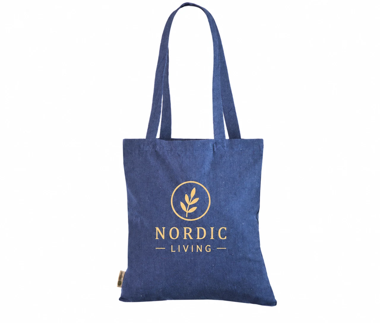 Återvunnen tygkasse, 150 g/m², med exempel på logotyptryck – jeansblå