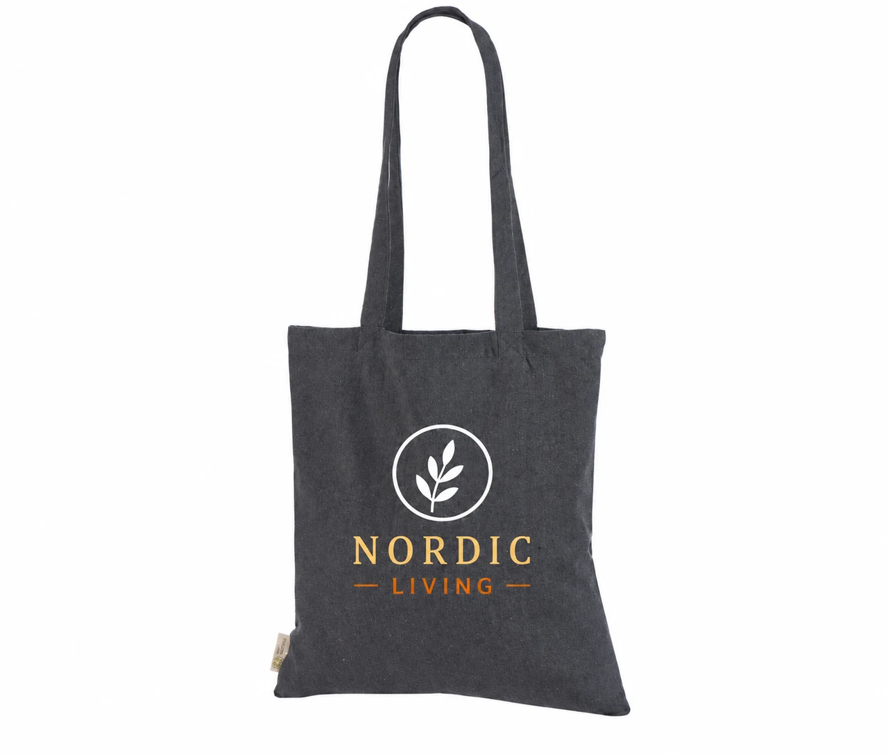 Återvunnen tygkasse, 150 g/m², med exempel på logotyptryck – mörkgrå