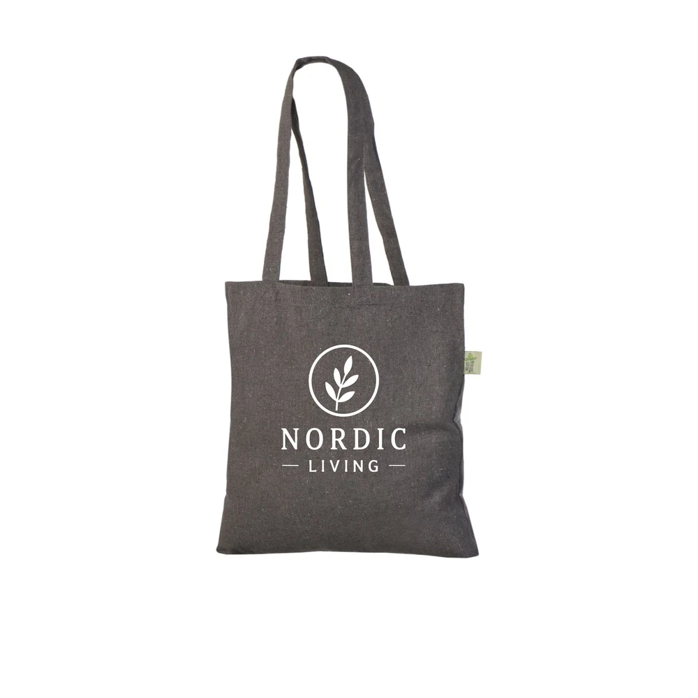 Återvunnen tygkasse, 180 g/m², med exempel på logotyptryck – mörkgrå