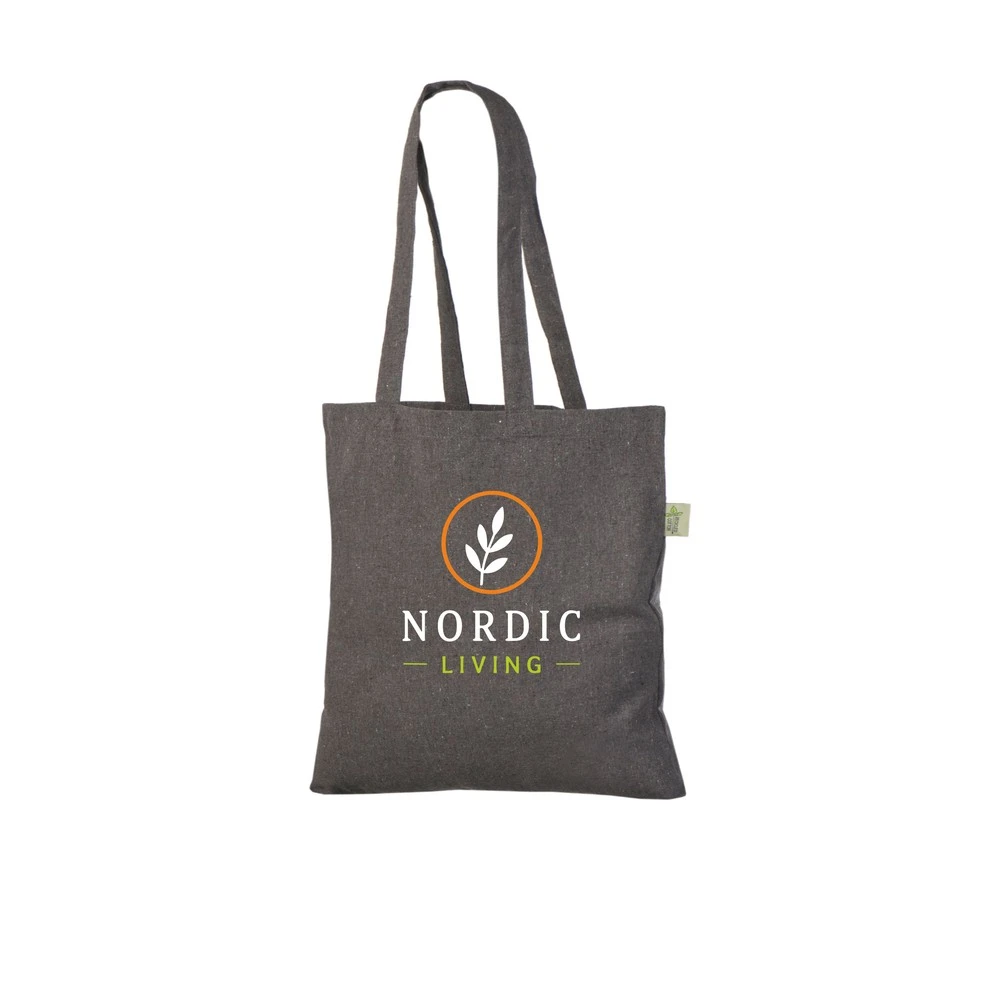 Återvunnen tygkasse, 180 g/m², med exempel på logotyptryck – mörkgrå