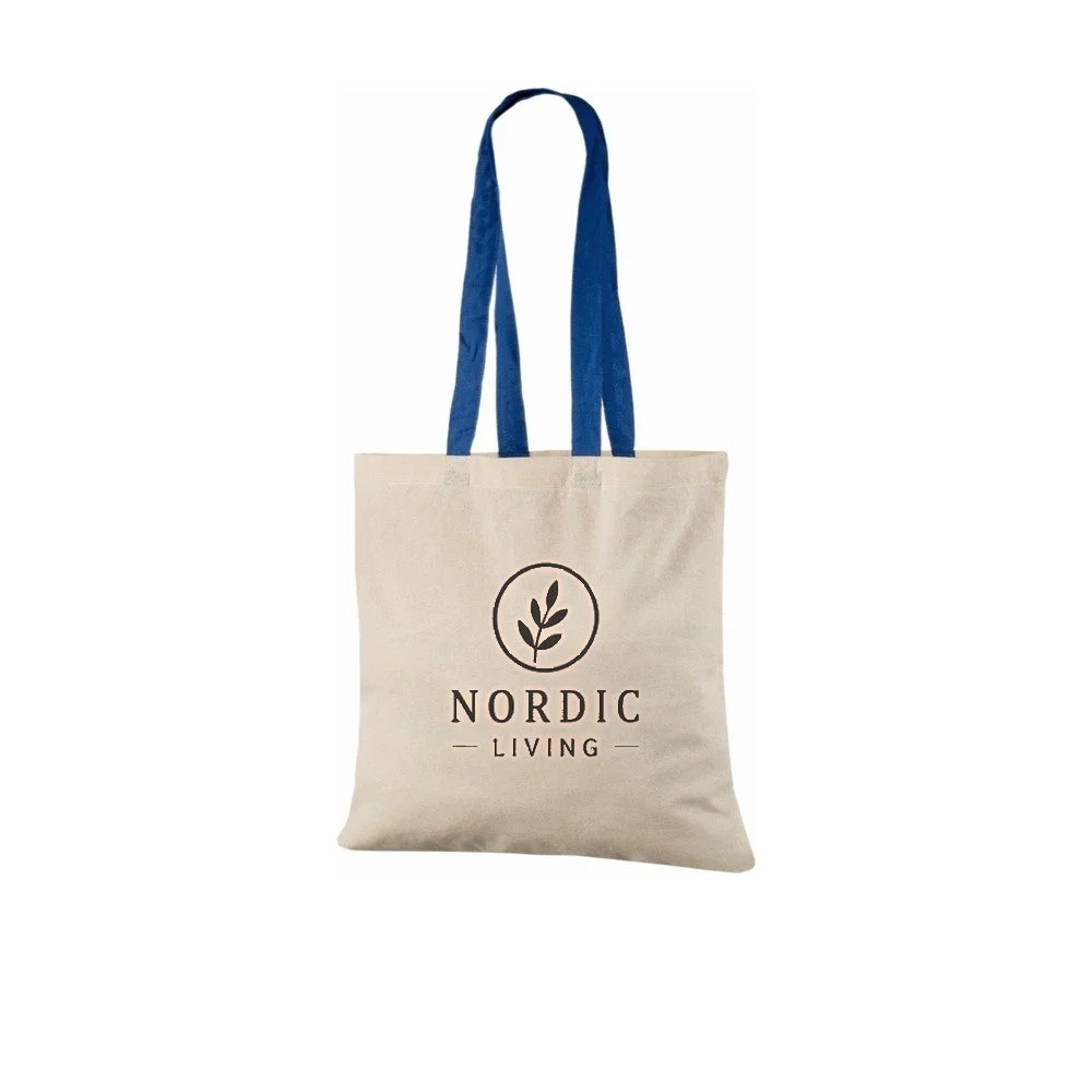 Bomullskasse, handtag i kontrastfärg, med exempel på logotyptryck – natur/kungsblå