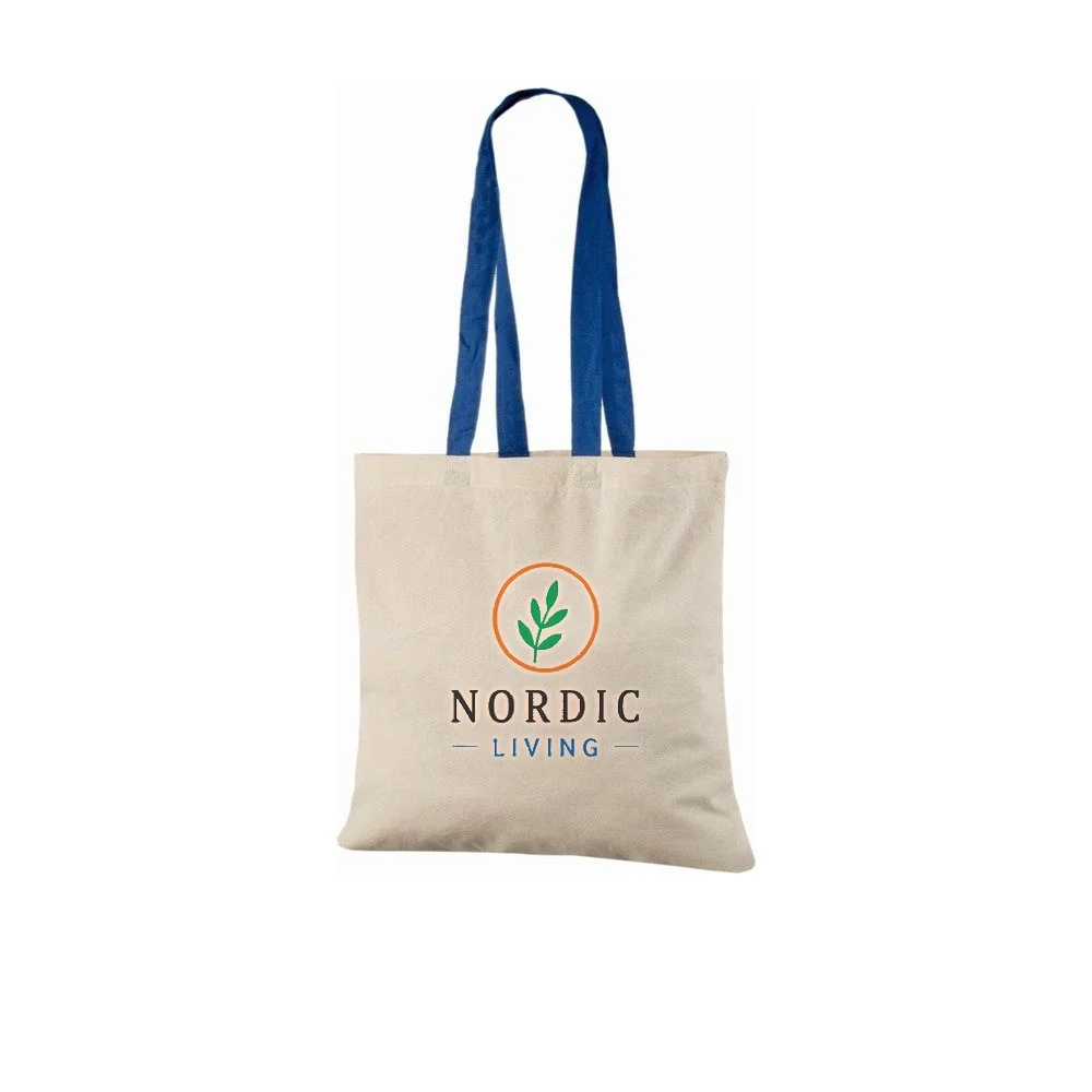 Bomullskasse, handtag i kontrastfärg, med exempel på logotyptryck – natur/kungsblå
