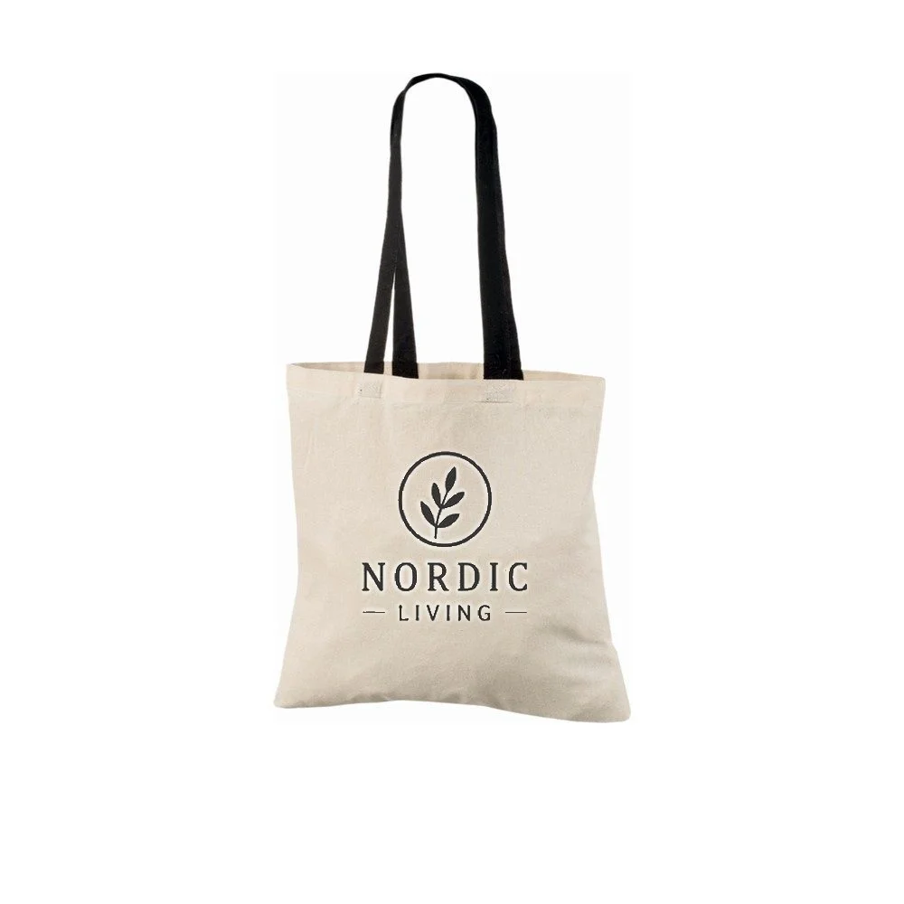 Bomullskasse, handtag i kontrastfärg, med exempel på logotyptryck – natur/svart