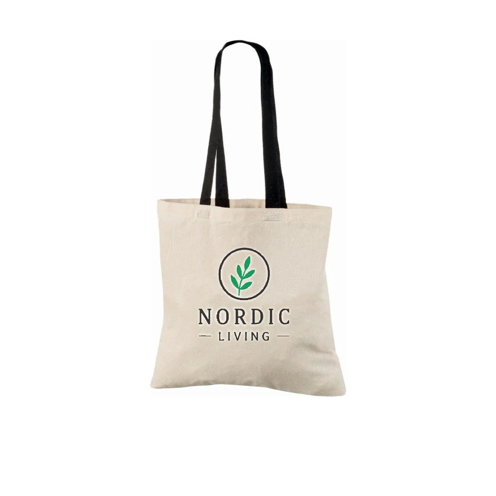 Bomullskasse, handtag i kontrastfärg, med exempel på logotyptryck – natur/svart