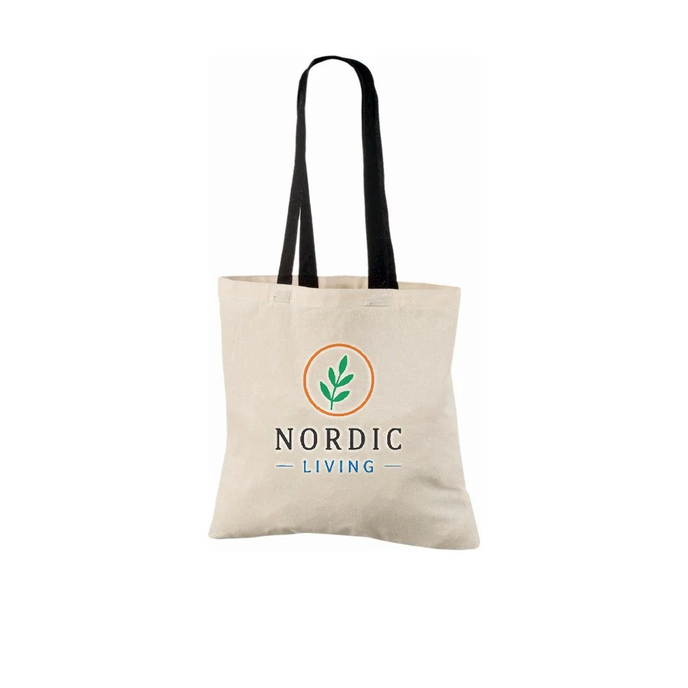 Bomullskasse, handtag i kontrastfärg, med exempel på logotyptryck – natur/svart