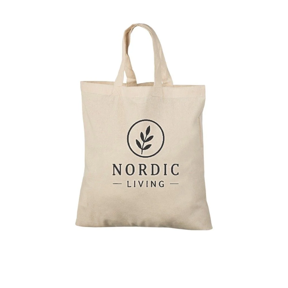 Bomullskasse, korta handtag, med exempel på logotyptryck – natur