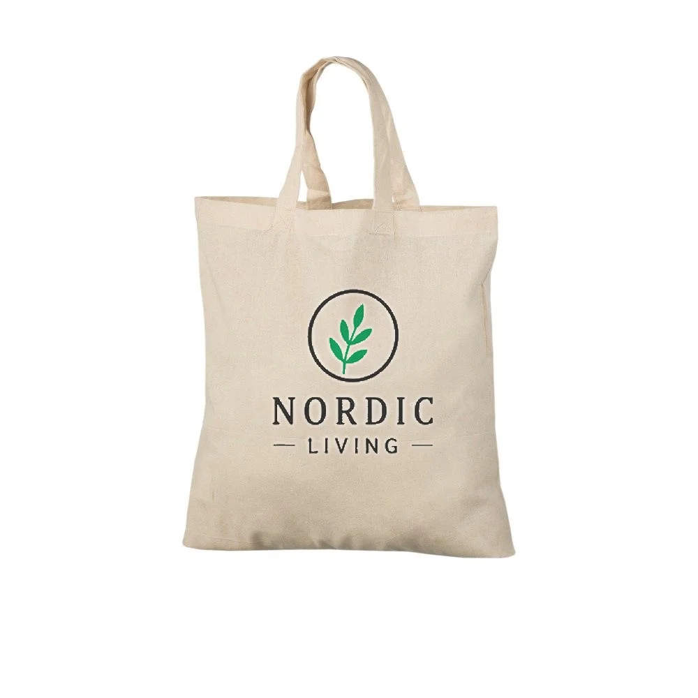 Bomullskasse, korta handtag, med exempel på logotyptryck – natur