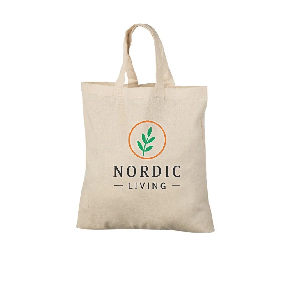 Bomullskasse, korta handtag, med exempel på logotyptryck – natur