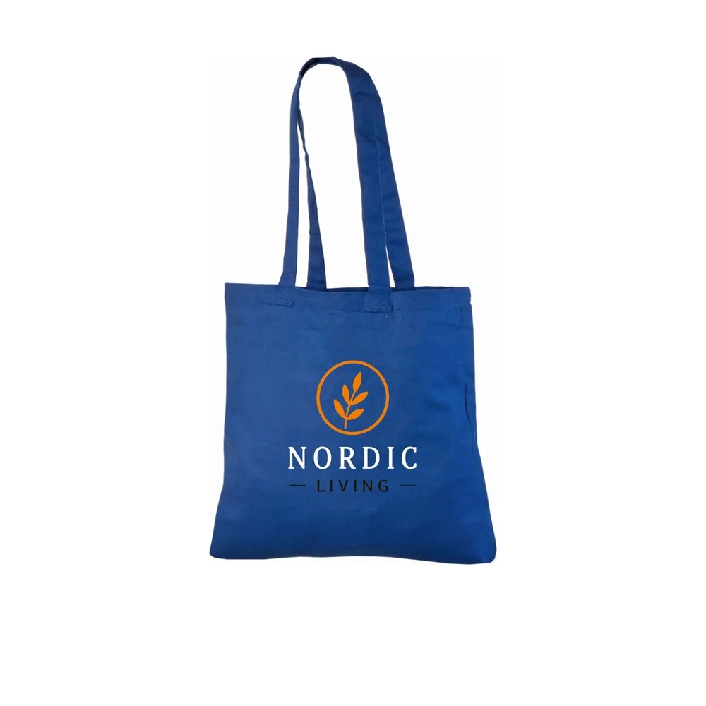 Bomullskasse, 140 g/m², med exempel på logotyptryck – kungsblå