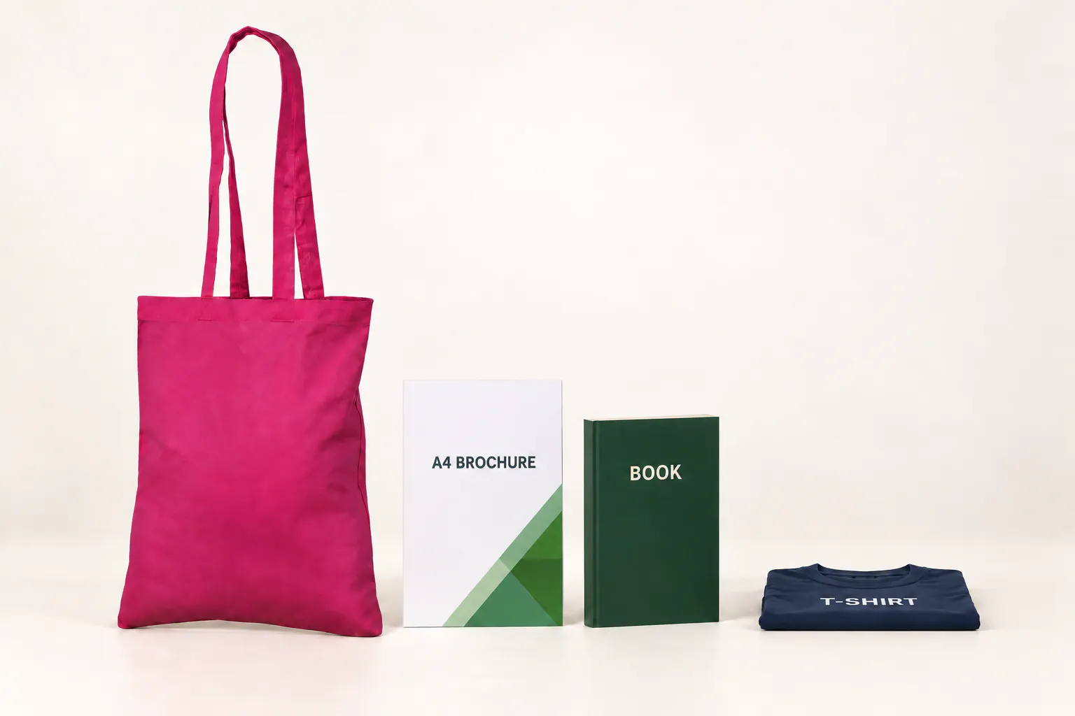 Magentafärgad bomullskasse bredvid en A4-broschyr, en bok och en hopvikt t-shirt som ligger platt.