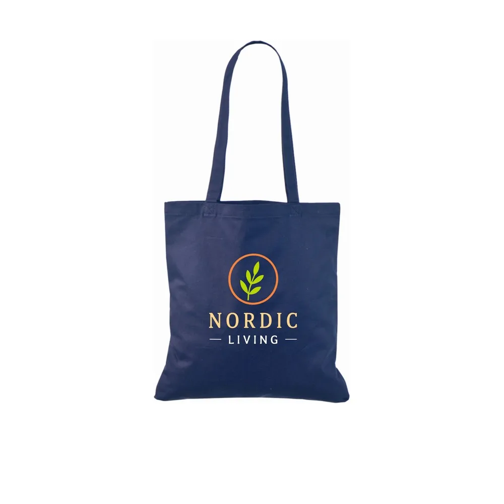 Bomullskasse, 140 g/m², med exempel på logotyptryck – marinblå