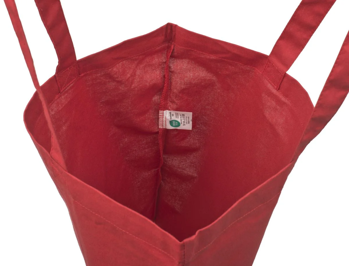 Bomullskasse, 140 g/m², insida med etikett – röd