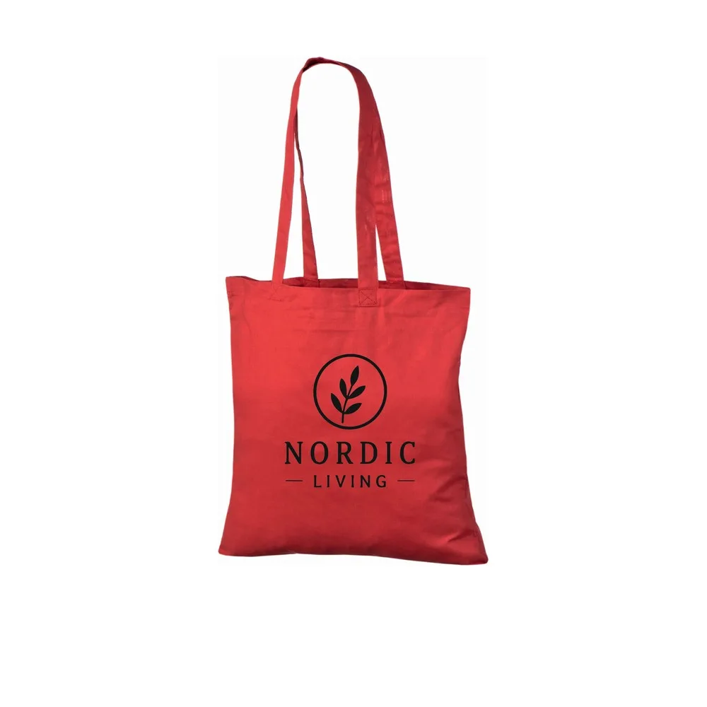 Bomullskasse, 140 g/m², med exempel på logotyptryck – röd