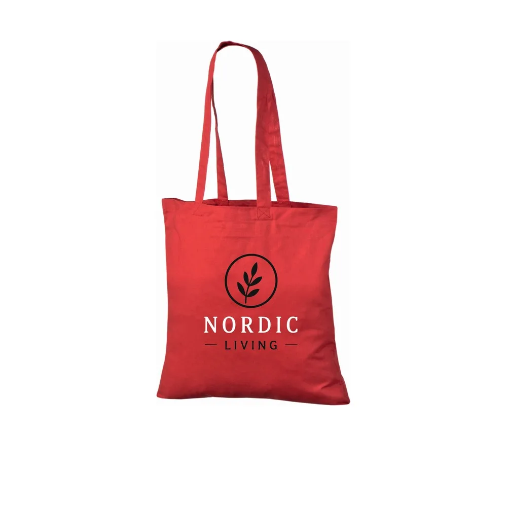 Bomullskasse, 140 g/m², med exempel på logotyptryck – röd
