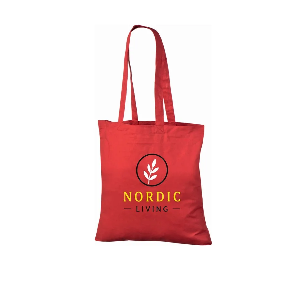 Bomullskasse, 140 g/m², med exempel på logotyptryck – röd