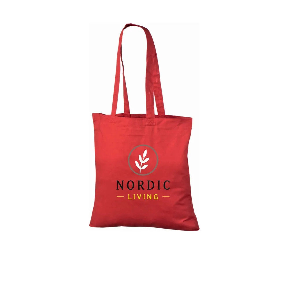 Bomullskasse, 140 g/m², med exempel på logotyptryck – röd