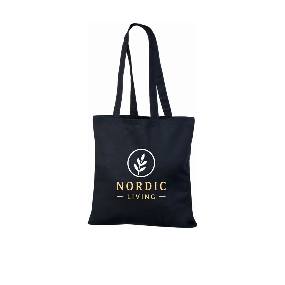 Bomullskasse, 140 g/m², med exempel på logotyptryck – svart