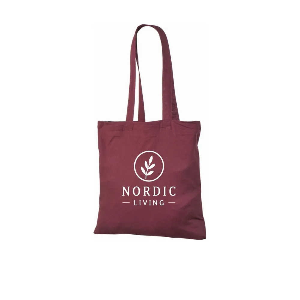 Bomullskasse, 140 g/m², med exempel på logotyptryck – vinröd