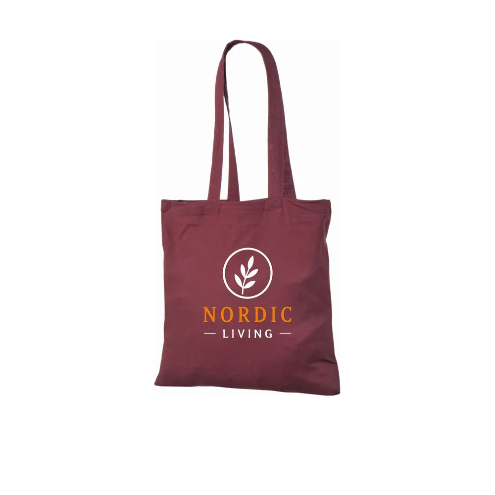Bomullskasse, 140 g/m², med exempel på logotyptryck – vinröd
