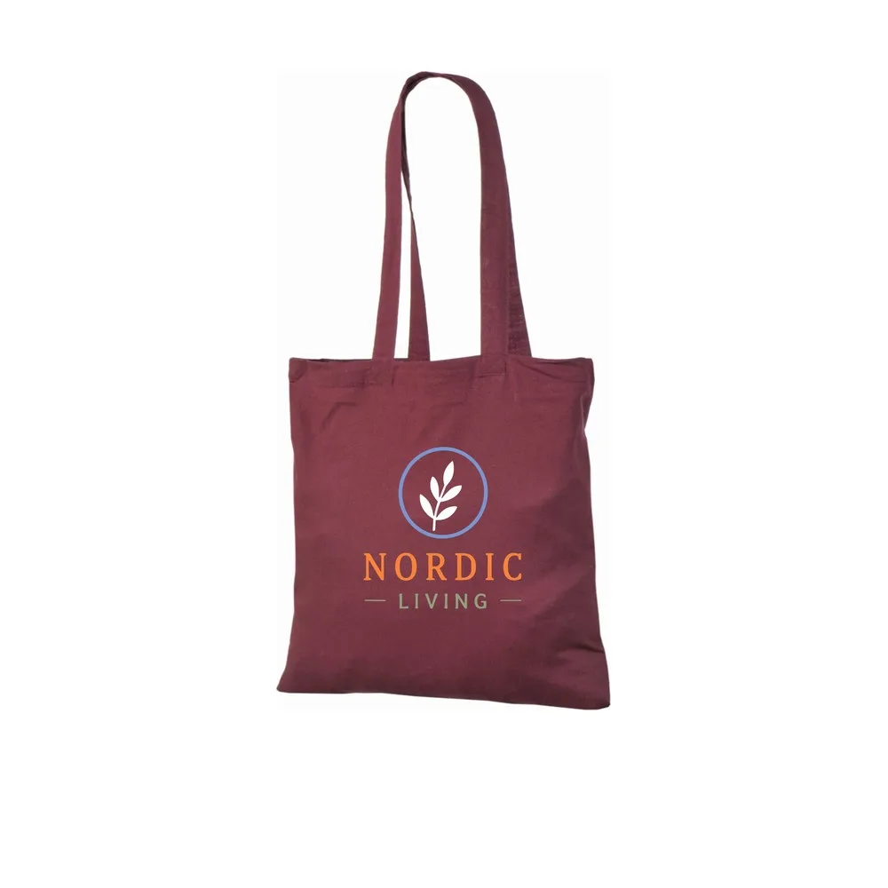Bomullskasse, 140 g/m², med exempel på logotyptryck – vinröd
