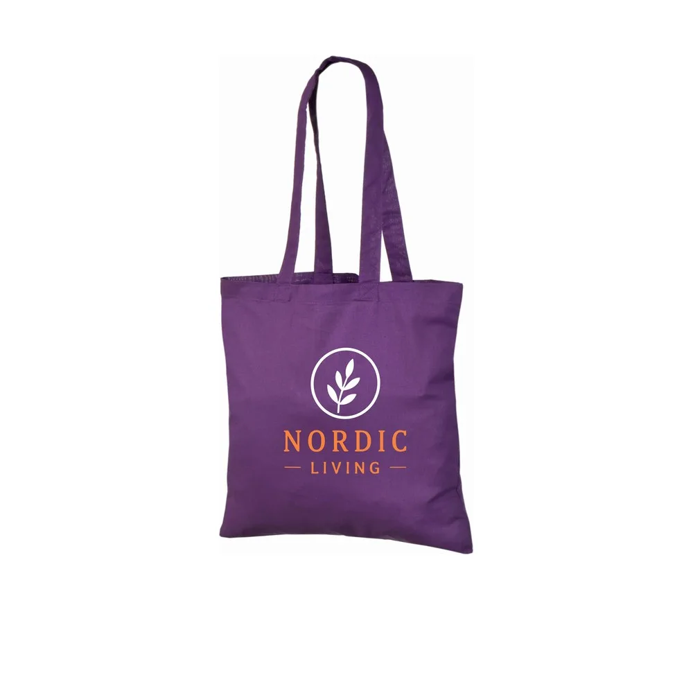 Bomullskasse, 140 g/m², med exempel på logotyptryck – violett