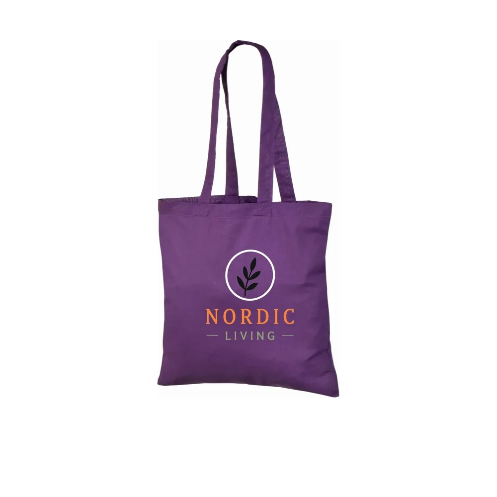 Bomullskasse, 140 g/m², med exempel på logotyptryck – violett