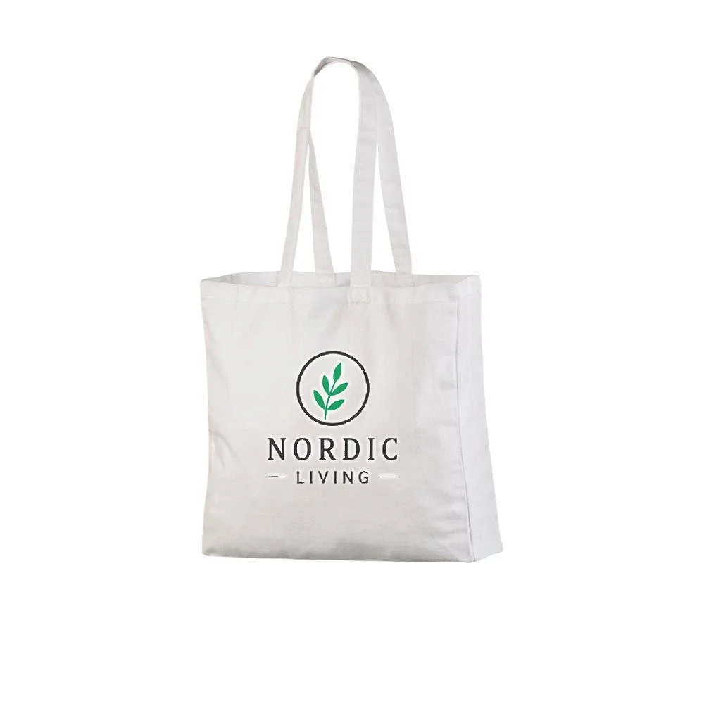 Bomullskasse med bälg, 220 g/m², med exempel på logotyptryck – vit
