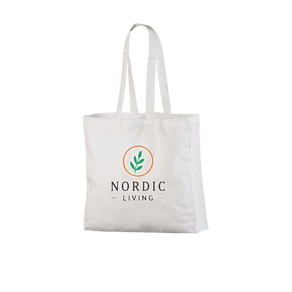 Bomullskasse med bälg, 220 g/m², med exempel på logotyptryck – vit