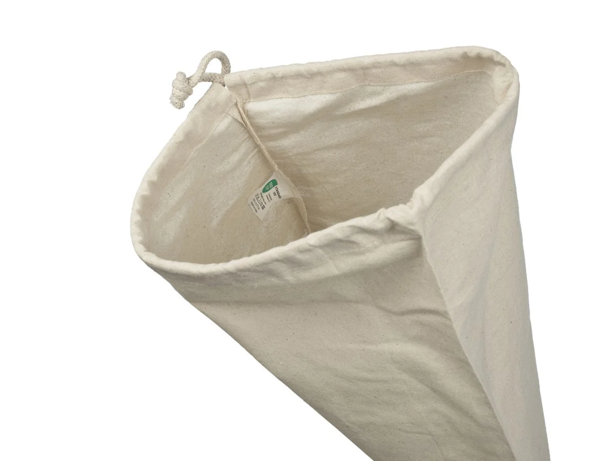 Bomullspåse, 24 × 30 cm, öppning och invändig etikett – natur