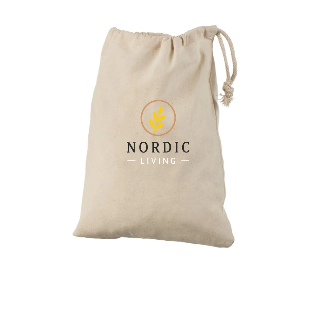 Bomullspåse, 24 × 30 cm, med exempel på logotyptryck – natur