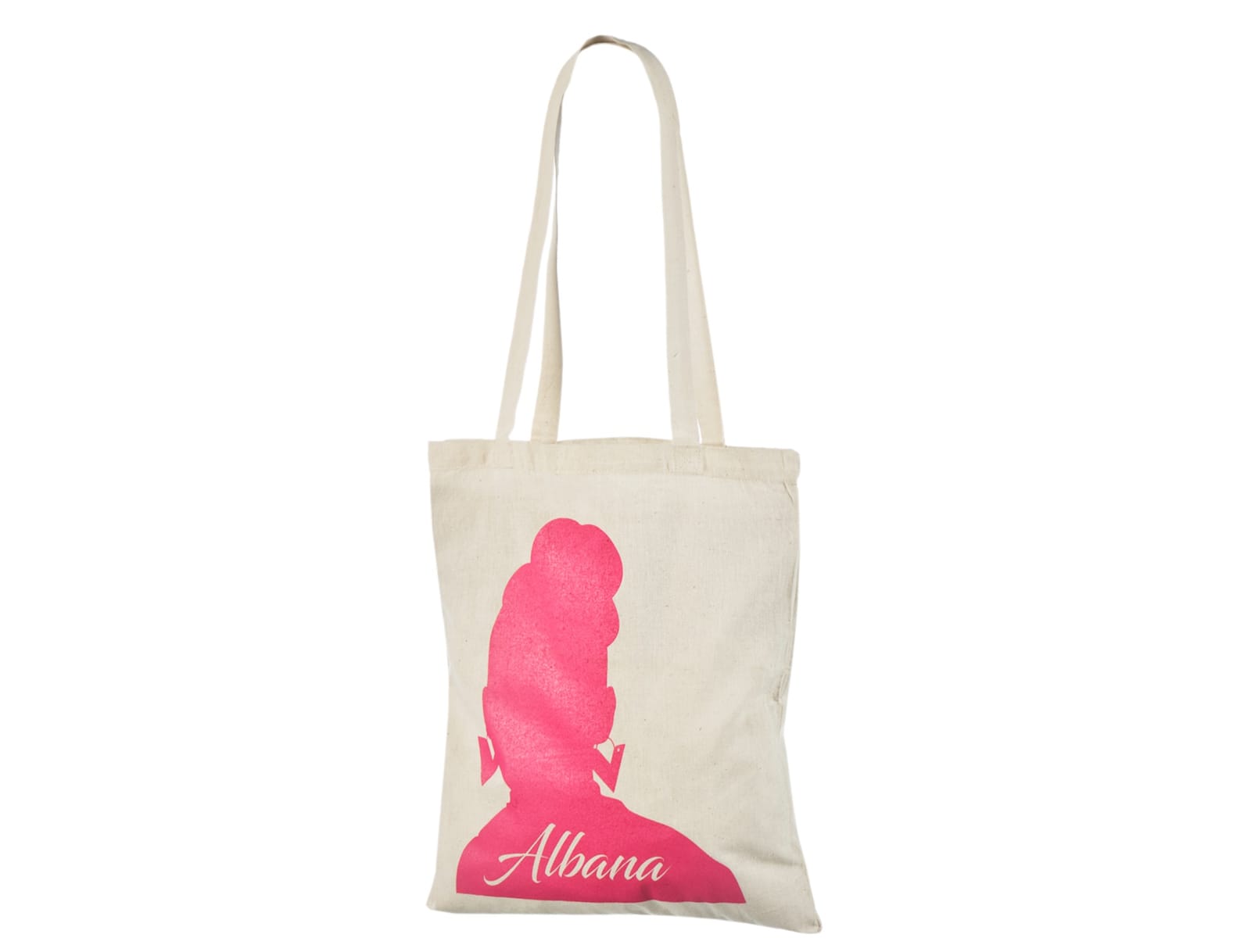 Tygkassar med tryck i en färg – rosa siluett med Albana-namn på framsidan – natur.