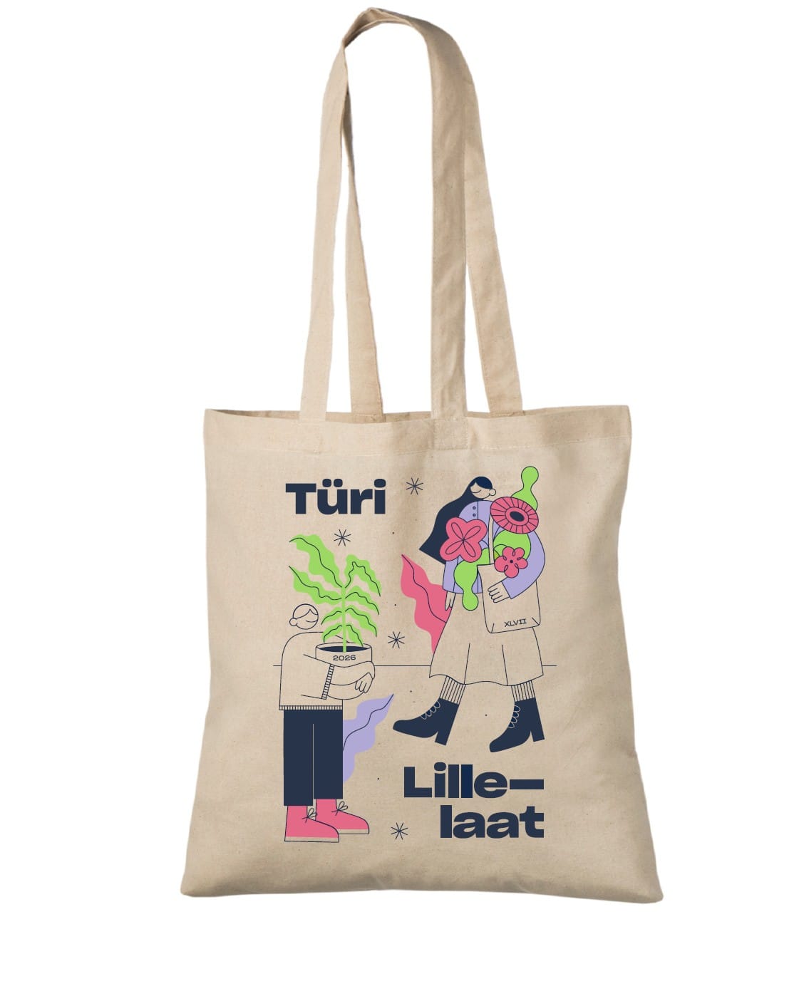 Tygkassar med tryck – färgstarkt Türi Lillelaat-motiv med personer och blommor – natur.