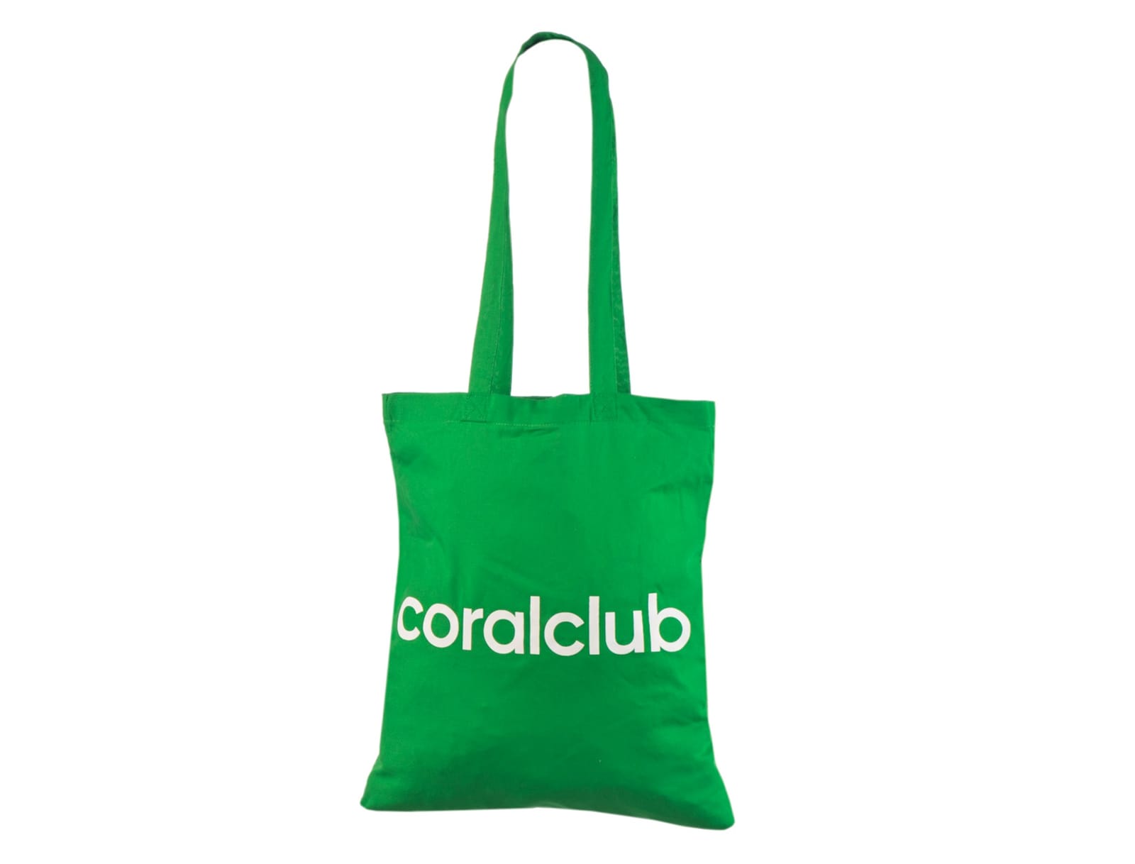 Tygkassar med logo – vitt Coralclub-namn på framsidan – ljusgröna.