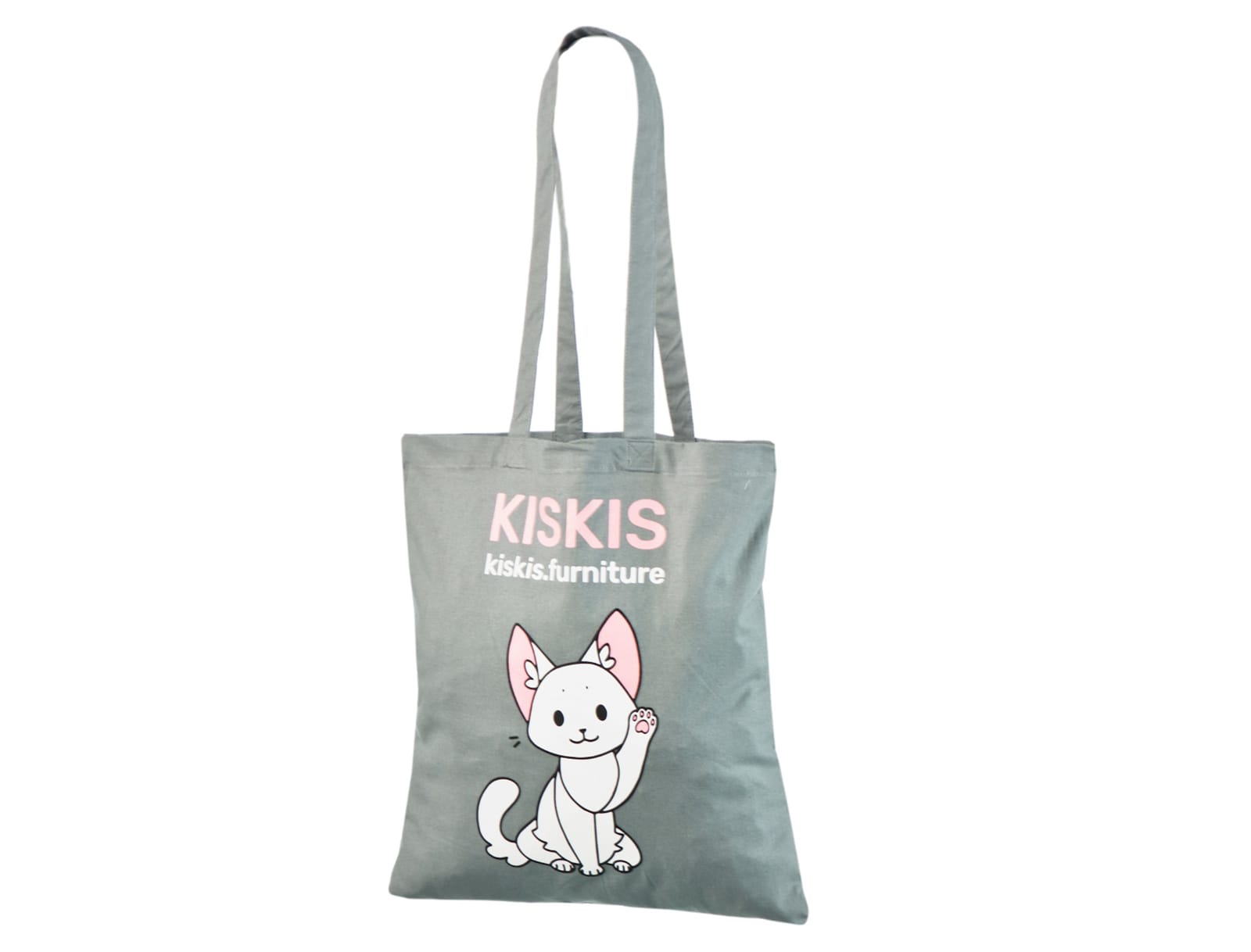 Tygkassar med illustration – vit katt, rosa detaljer och KISKIS-namn – grå.