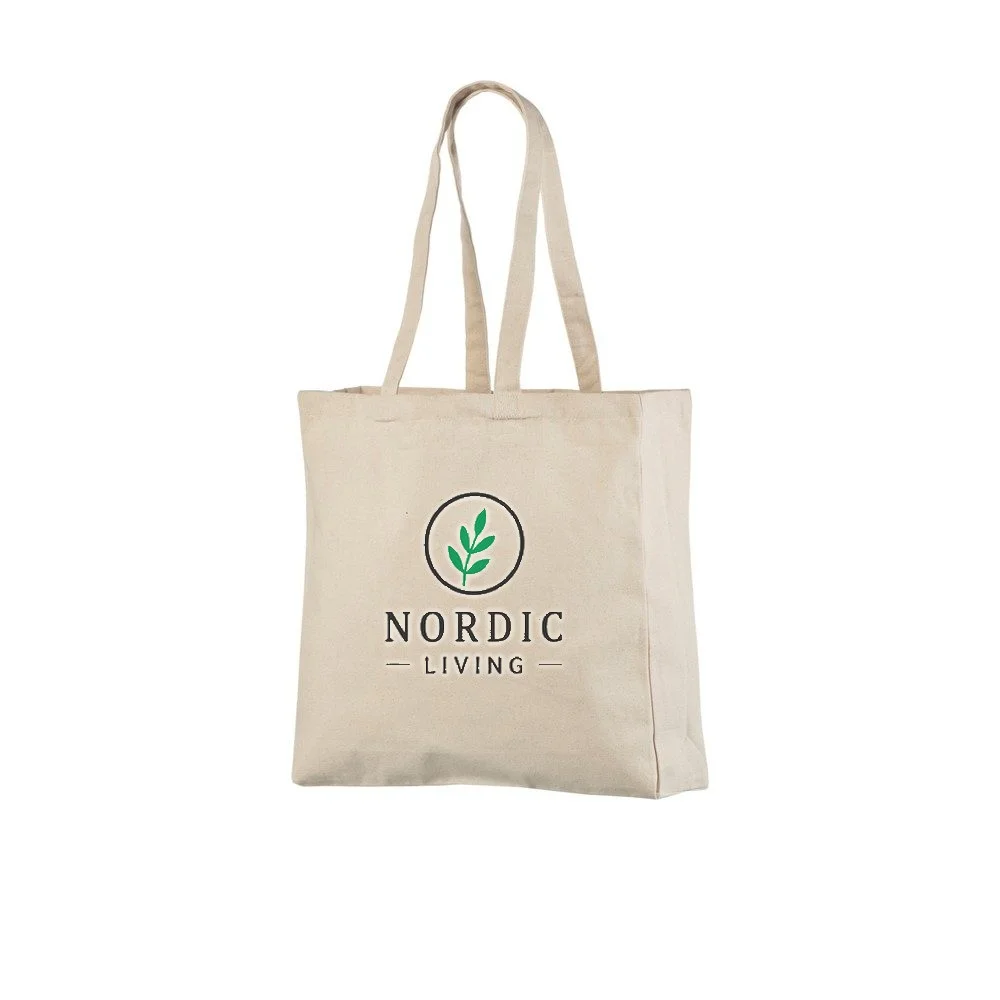 Bomullskasse med bälg, 340 g/m², med exempel på logotyptryck – natur