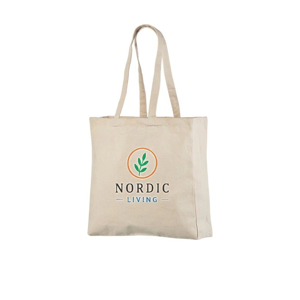 Bomullskasse med bälg, 340 g/m², med exempel på logotyptryck – natur