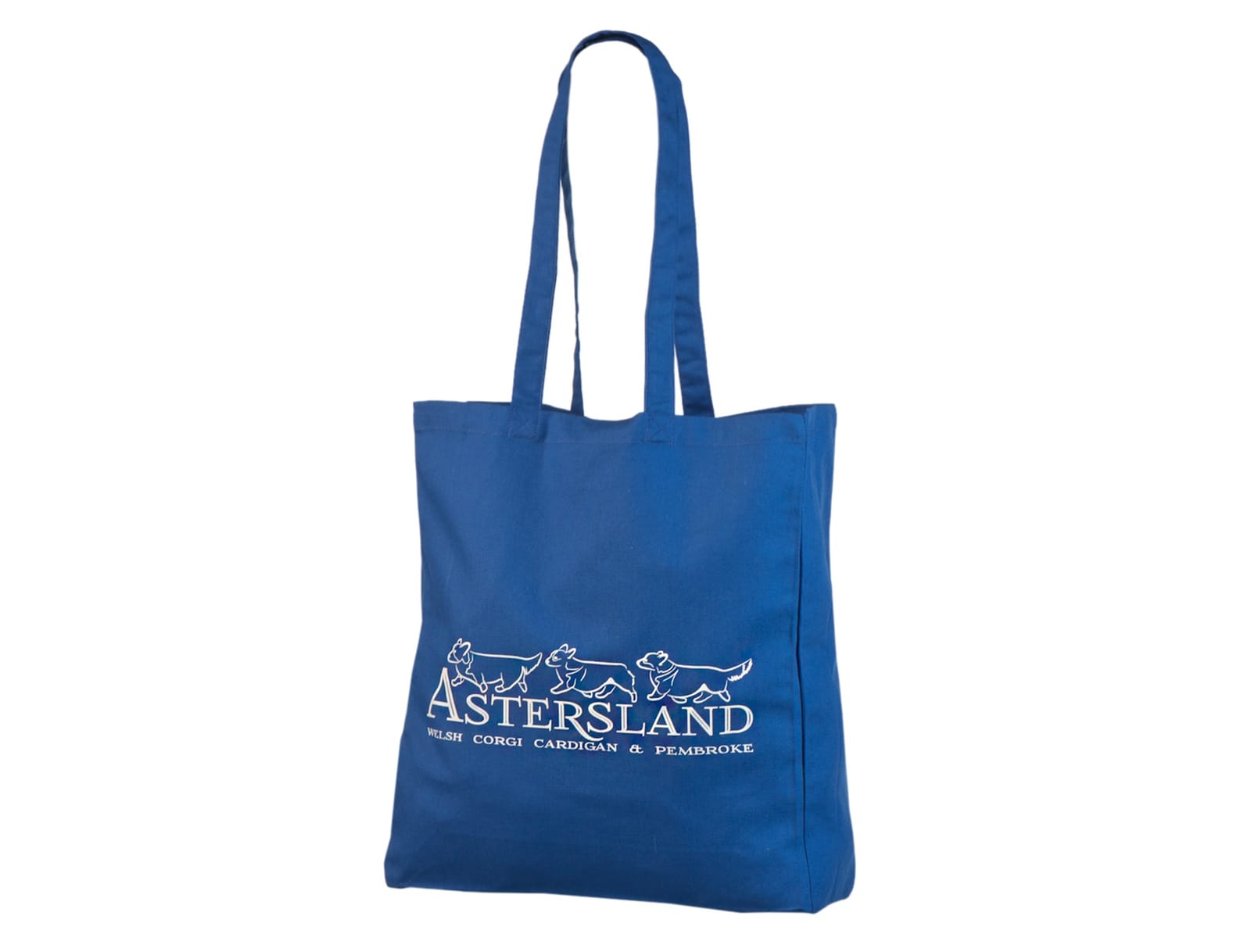 Tygkassar med sidobälg och tryck – vita hundfigurer ovanför Astersland-namnet – kungsblå.